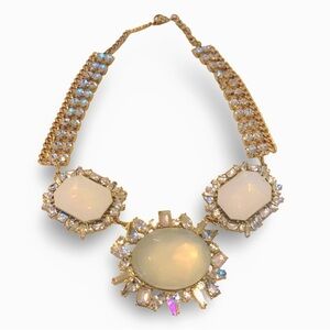 Rhinestone bib necklace with opalescent stone details gold tone chain 14"